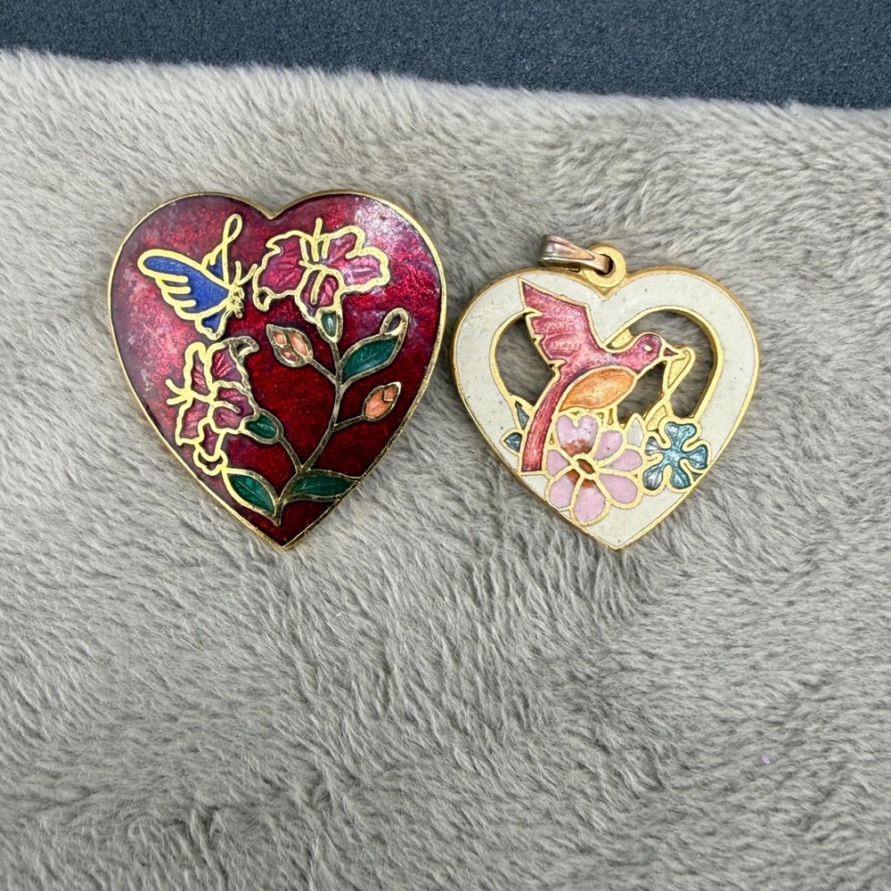 Vintage Cloisonne Enamel Heart Brooch Pendant Lot Gold Tone